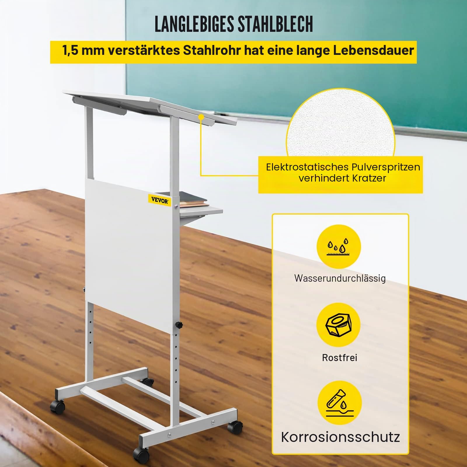 VEVOR Rednerpult Stehpult höhenverstellbar mit 4 Rollen 2-stufige Schichte, Mobil Schreibpult Stehtisch Pult Laptoptisch Weiß Stehschreibtisch aus SPCC Klassenzimmer Büro Hause Studio