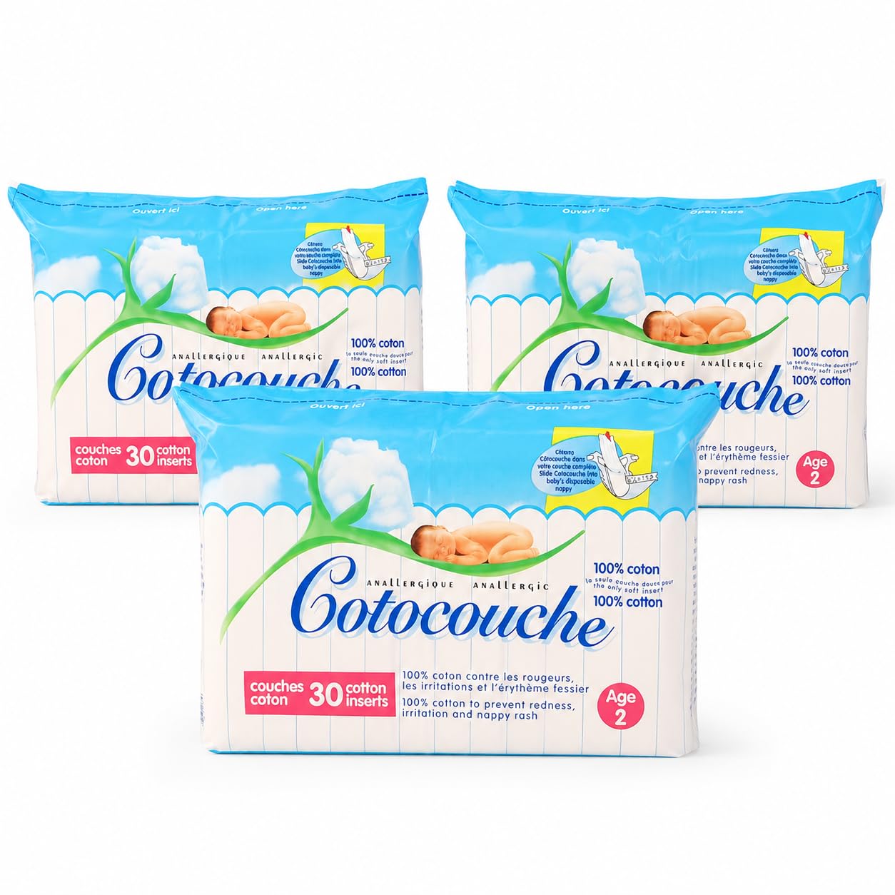 Cotocouche Inserts Coton Bébé – Lot de 3 Paquets de 30 (90 Inserts) – 100% Coton – Taille Age 2 – Voile de Protection pour Couche