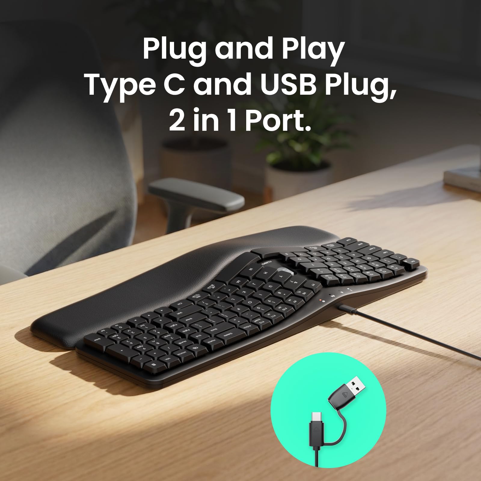 Nulea Ergonomic Split Keyboard, Wired Natural Typing Keyboard with Integrated Palm Rest for Wrist Pain Relief, 2-in-1 Type C&Type A Plug for Mac,Windows,Office & Home,Black — view 6