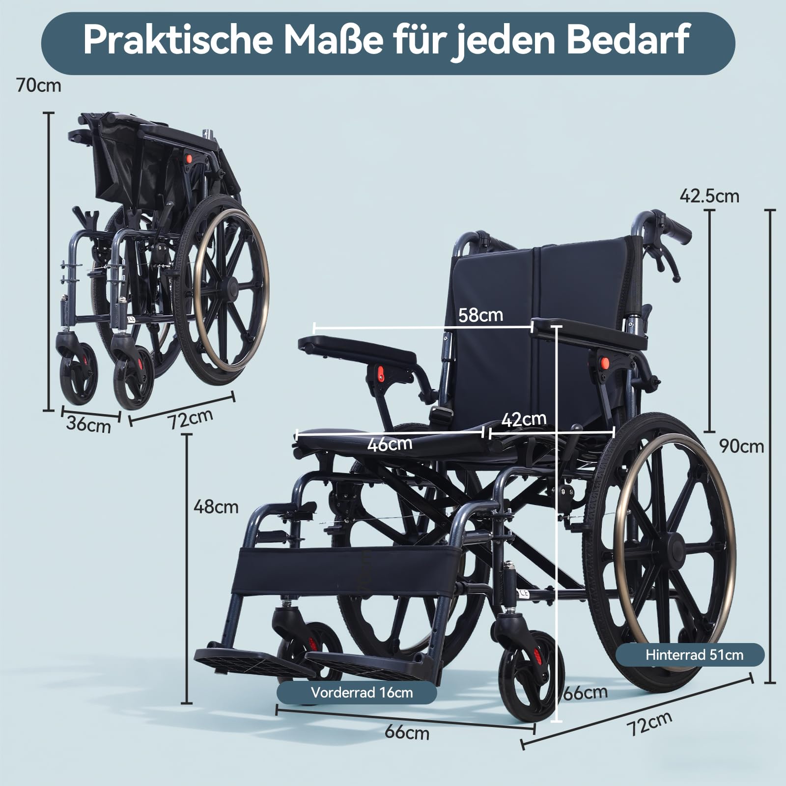 M4 Rollstuhl Faltbar Leicht mit Doppeltem Sitzpolster, Schockabsorbierenden Vorderrädern, Leichtes Aluminiumgestell, Abnehmbare Armlehnen, wartungsfreie Vollgum Reifen