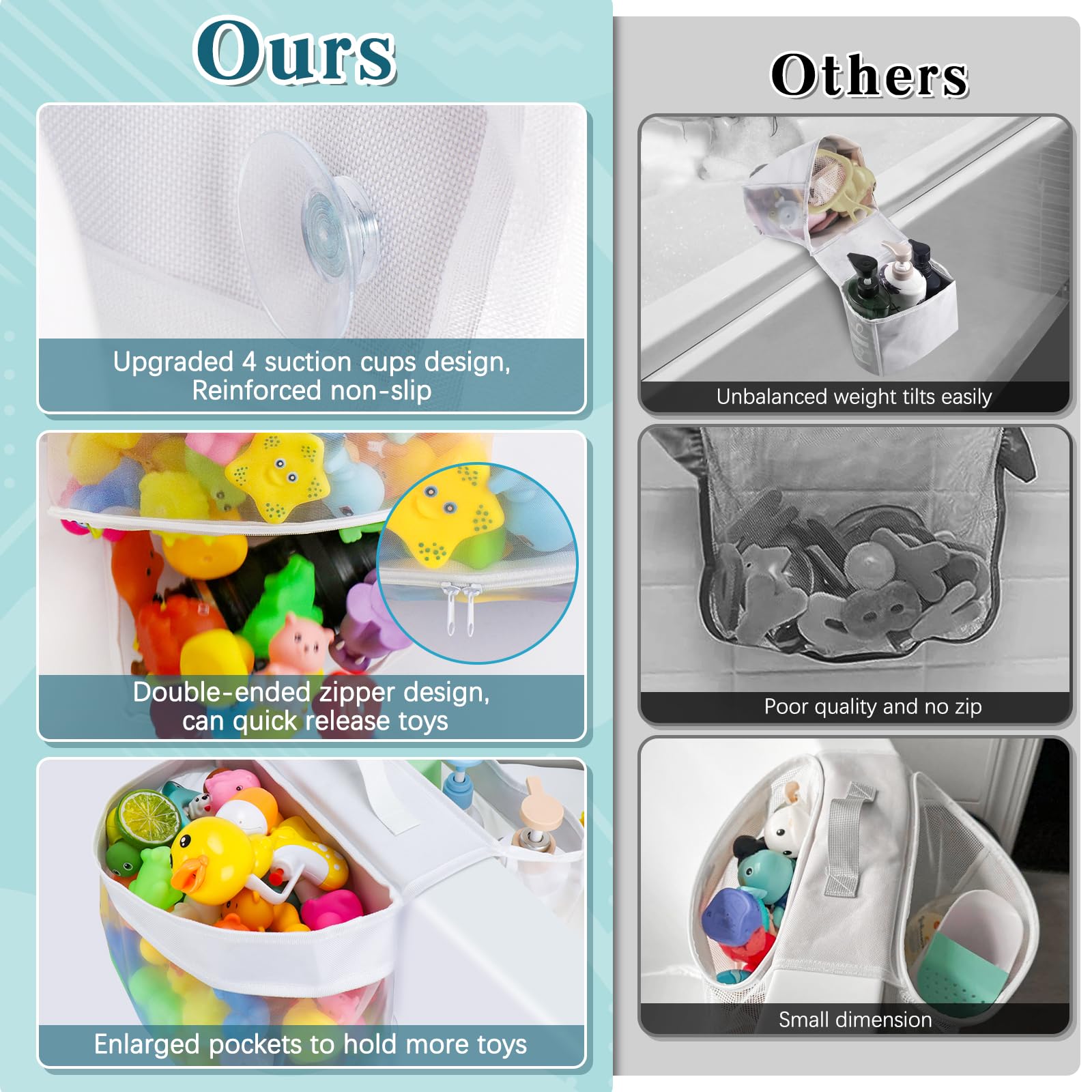 Dreamtop Saddle Shape 2 Compartment Bath Toy Storage Net, Bathroom Toy Storage Tidy - Image 3