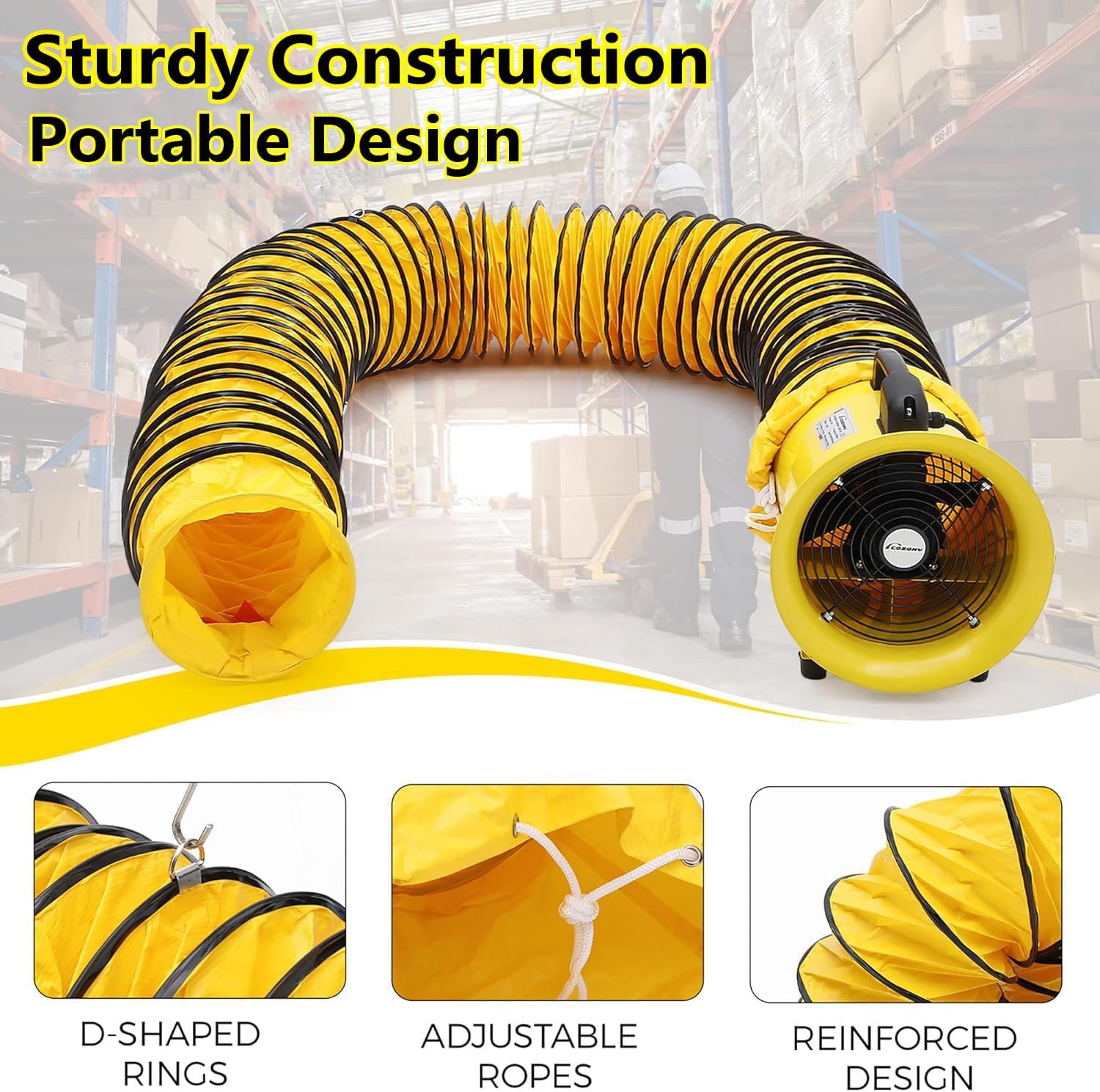 GAOMON Portable Utility Blower Fan, 10 Inch 3300 RPM Heavy Duty Cylinder Axial Exhaust Fan with 33 FT Duct Hose, Industrial Air Blower Ventilator for Ventilating Workshops, Confined Space