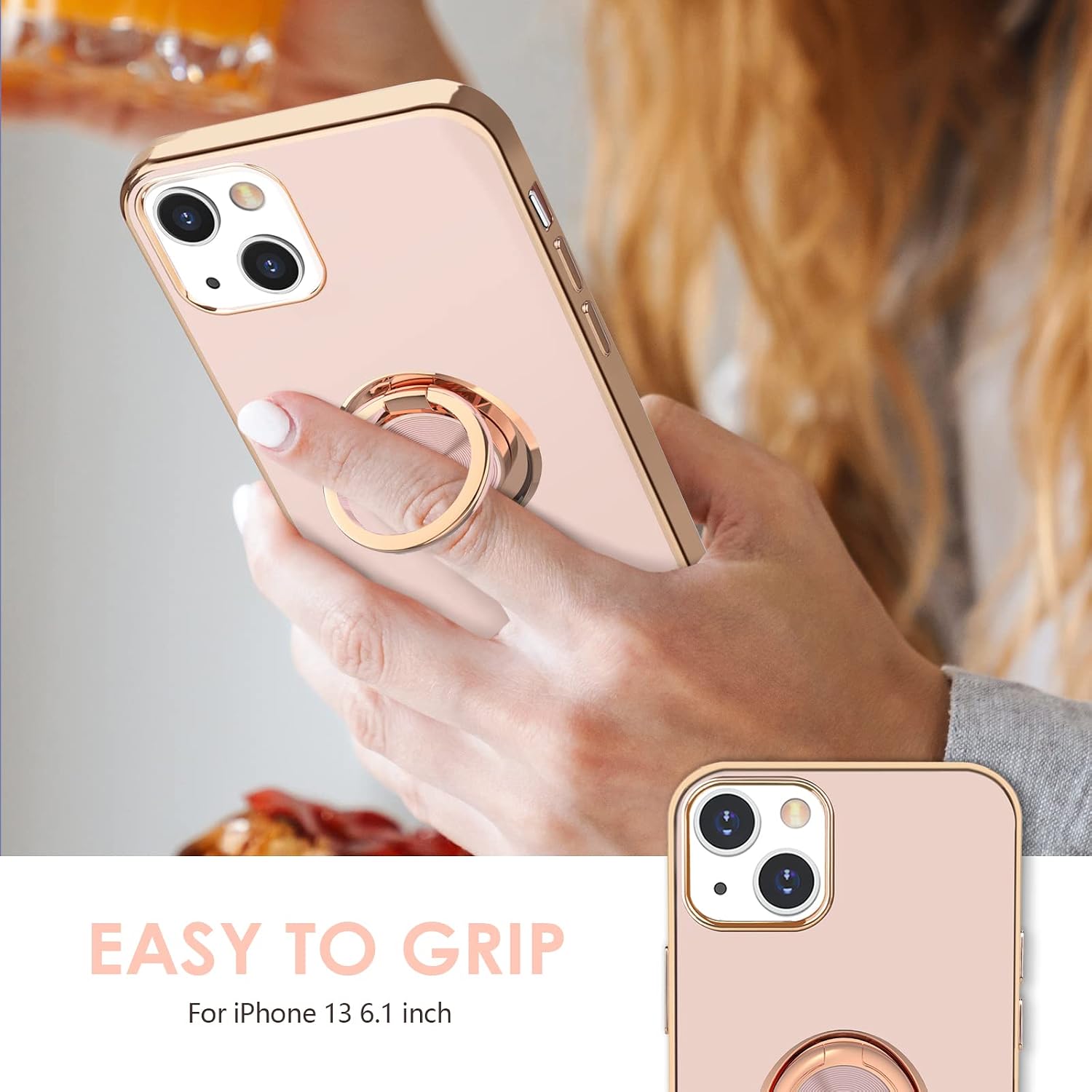 Hython Case for iPhone 13 Case with Ring Stand [360° Rotatable Ring Holder Magnetic Kickstand][Support Car Mount] Plating Rose Gold Edge Slim Soft Flexible TPU Luxury Phone Case Cover, Pink