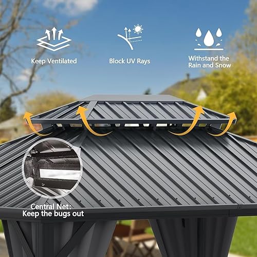 Miniatura 8 de Domi - Cenador de metal con techo rígido de 12 x 16 pies, kiosco de aluminio para exteriores con doble techo de acero galvanizado, cortina y red,