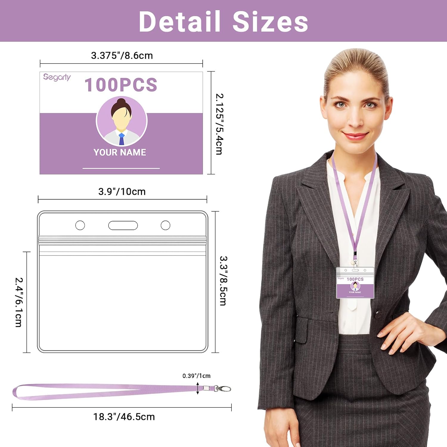 Segarty Lanyards with ID Holder, 100 Pack Horizontal Plastic Name Tags Badge Neck Lanyard Key Card Bulk, Light Purple Strap Clips Clear Ziplock Nametag Holders for Women, Business, Student, Schools