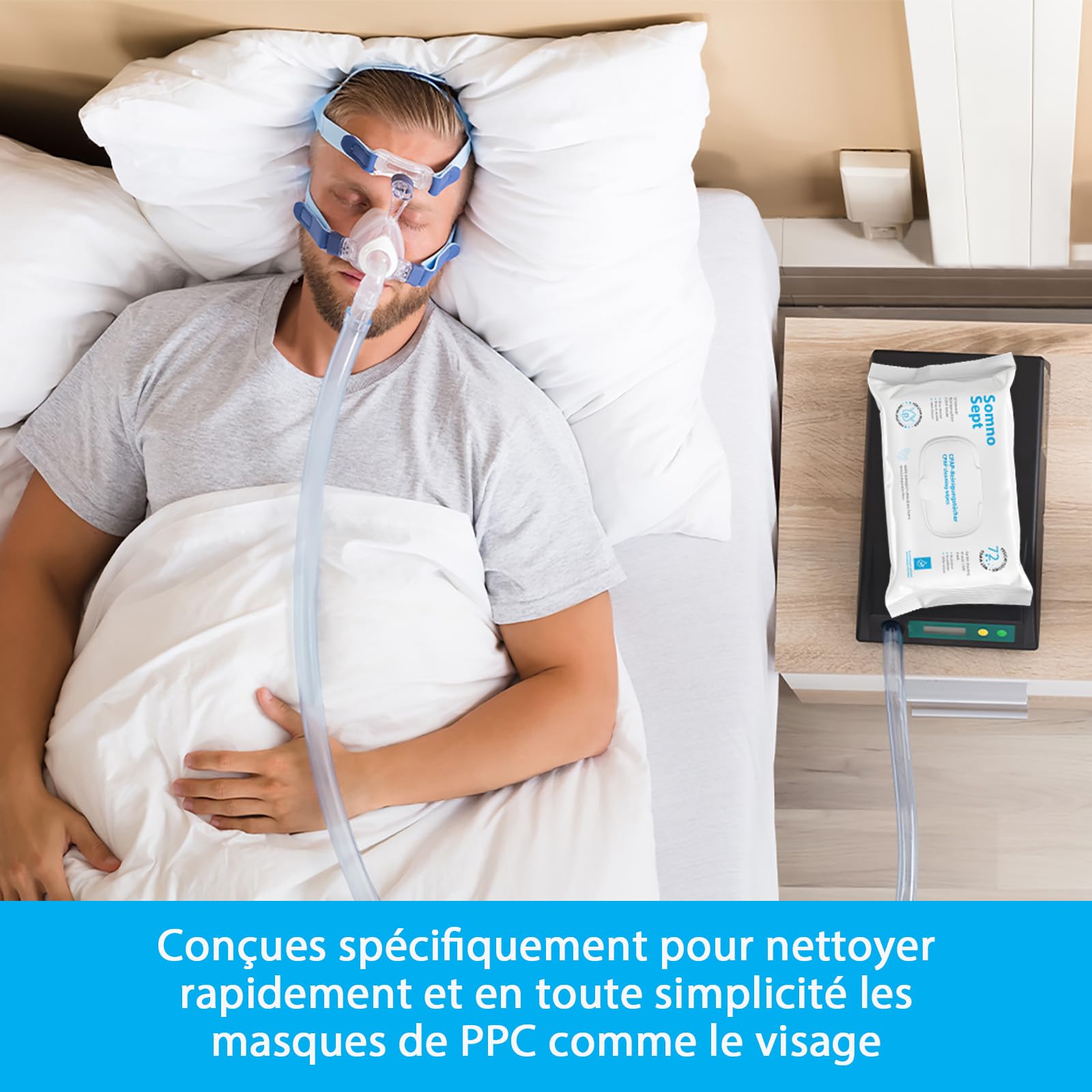 Lot de 3 paquets de 72 lingettes nettoyantes CPAP - Nettoyage rapide du masque CPAP - Pour un bon maintien du masque - Lingettes douces en 100 % viscose - Inodore - Testées