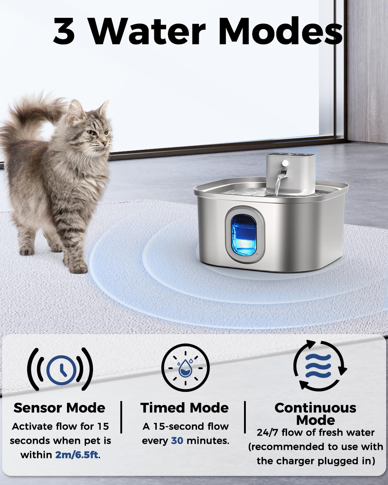 Papettly Fontanella per Gatti senza Fili - Fontana per Gatti Acciaio con Sensore di Movimento 3.2L, 4000mAh Ricaricabile Fontanella Gatto a Batteria, Dispenser Acqua Gatti Silenziosa con 2 Kit Filtri