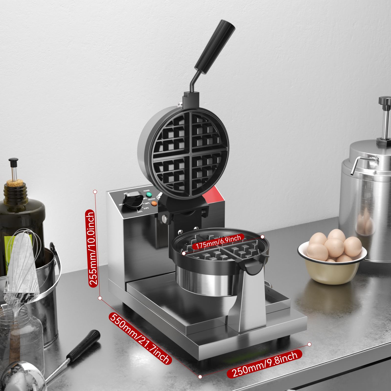 CROSSON Gofrera para Gofres Belgas Giratoria,Redondo Máquina Eléctrica para Hacer Gofres Comercial con Revestimiento Antiadherente,Temperatura y Tiempo para Panaderías,Restaurantes,1300W
