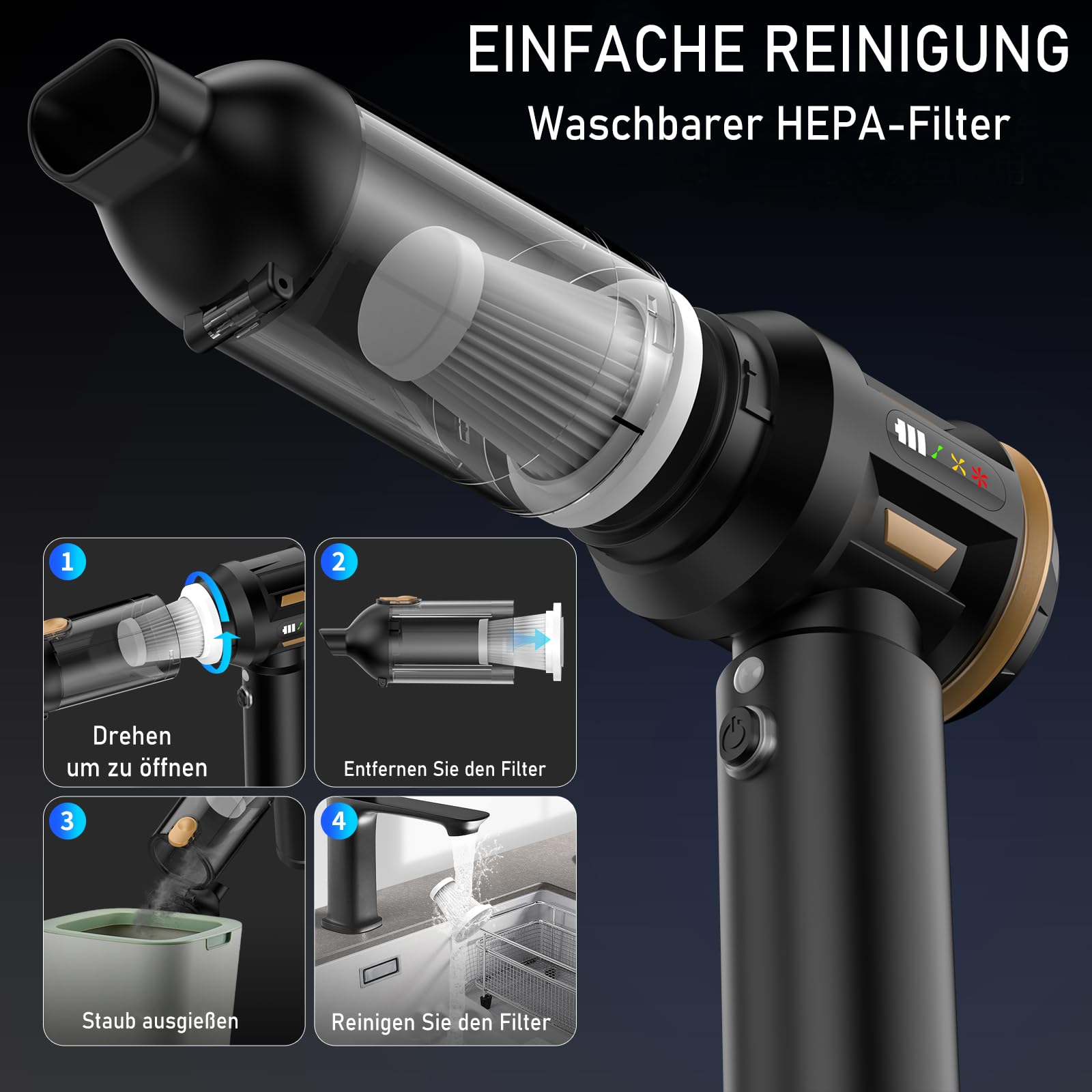 4-in-1 Handstaubsauger Akku, Autostaubsauger Kabellos 22000PA Mini Staubsauger, Aufladbar Tragbar Leicht Auto Staubsaug Stark, 220000 U/min Elektrische Staubgebläse für den Auto,Büro,Küche,Ti