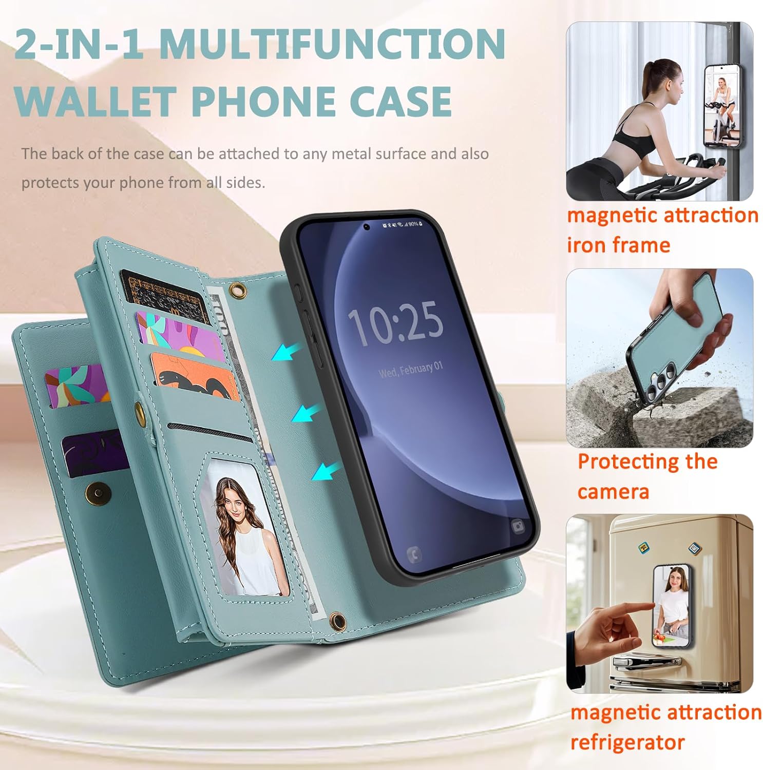 for Wallet Case Compatible with Samsumg Galaxy S25 Plus Multi-Function Detachable 2 in 1 Magnetic Phone Case Wallet,Flip Strap Zipper Card Holder Phone Case with Shoulder Straps (Blue)