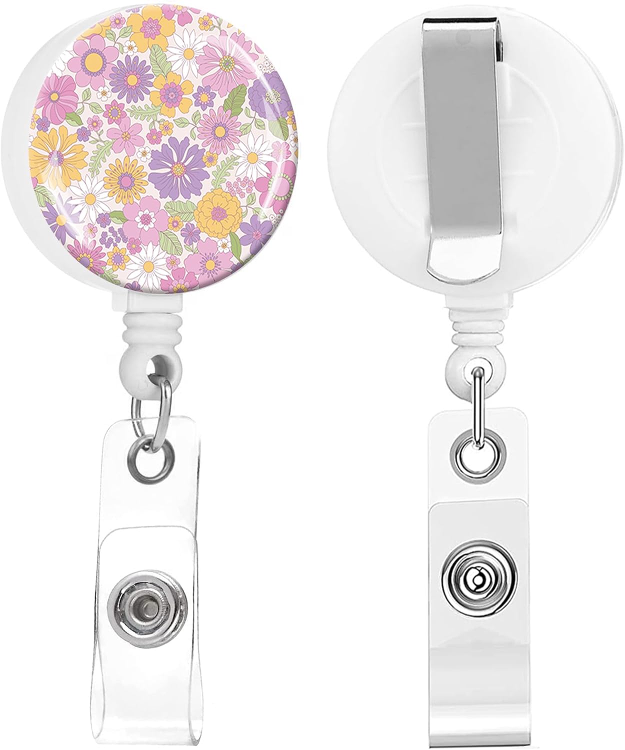 2 Pack Retractable Badge Holders Cute Badge Reel Badge Clip ID Card Holders for Student Office Worker Doctor Nurse Teacher(Flower Cluster)