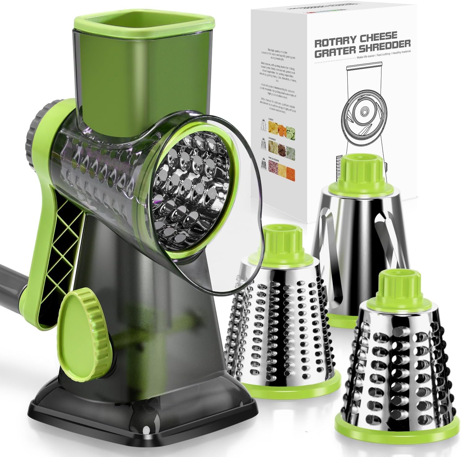 KEOUKE Rotary Cheese Grater with Handle Vegetable Cheese Shredder Slicer Grater for Kitchen 3 Changeable Blades for Cheese Potato Zucchini Nuts Chocolate (Green SP) KEOUKE Rotary Cheese Grater with Handle Vegetable Cheese Shredder Slicer Grater for Kitchen 3 Changeable Blades for Cheese Potato Zucchini Nuts Chocolate (Green SP)
