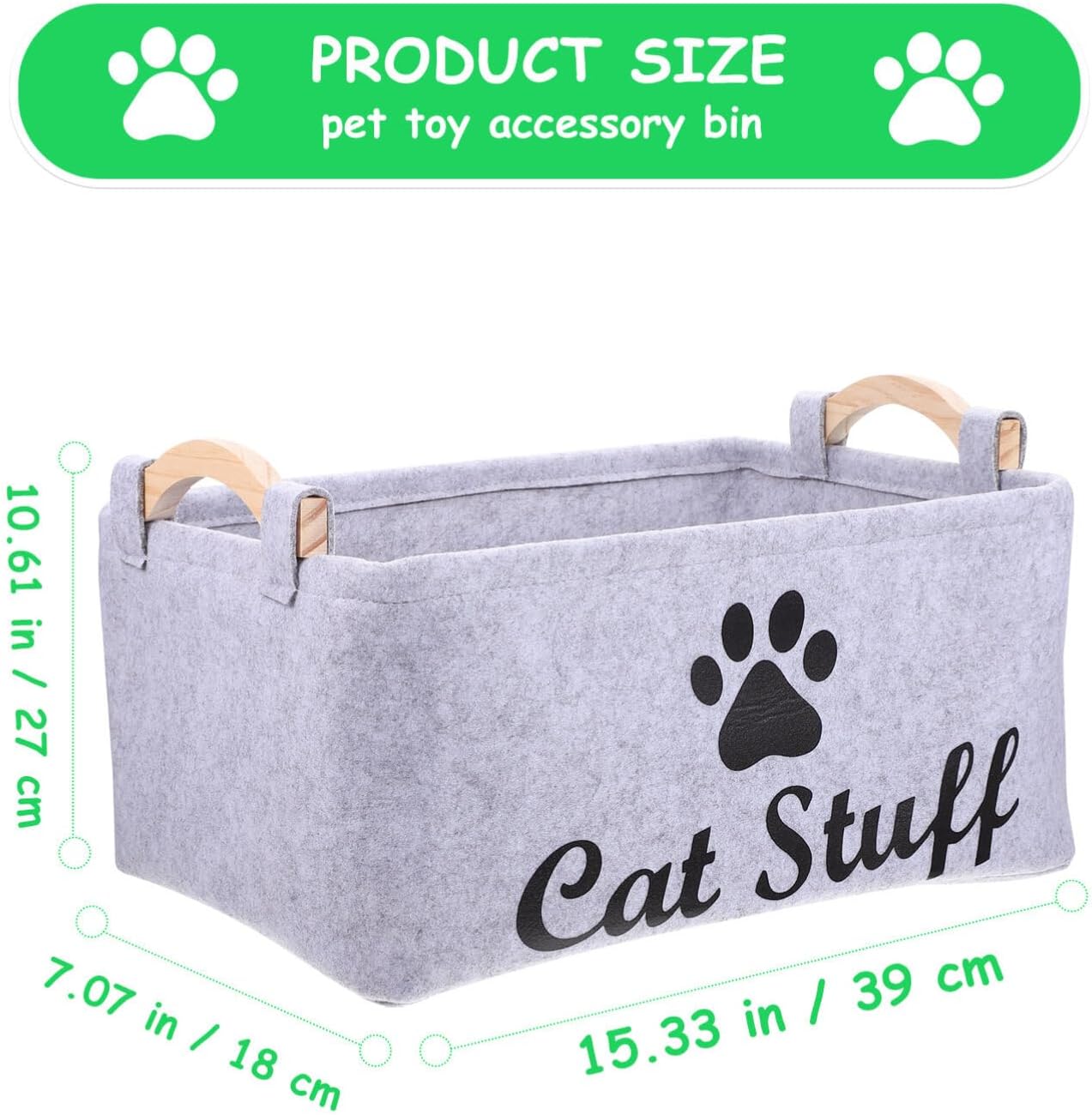POPETPOP Pet Toy Storage Bin Felt Basket with Wooden Handles 15.35X10.62X7.08 Inch Organizer Container for Dog Cat Accessories Toys and Treats Storage
