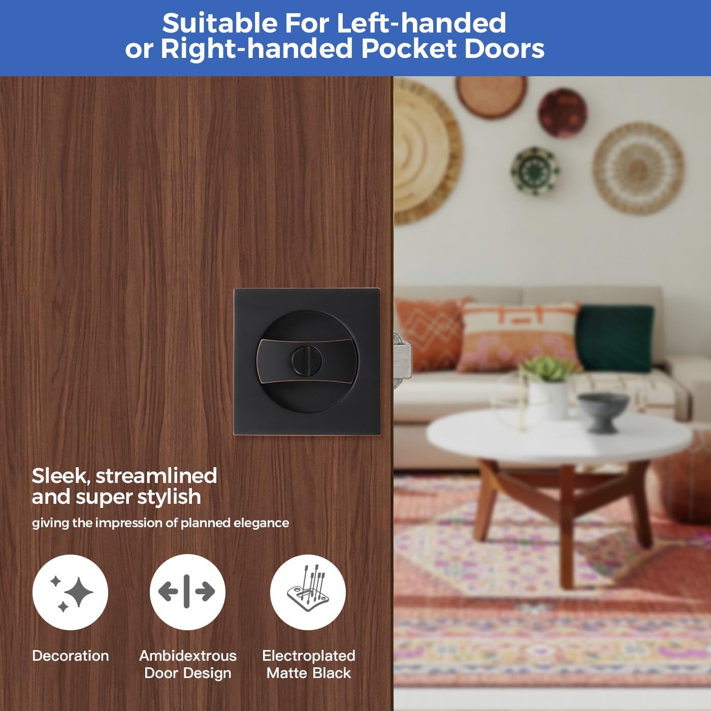 Oil Rubbed Bronze Pocket Door Hardware with Privacy Lock & Latch - Contemporary Style for Square Pocket Doors(1 Pack)