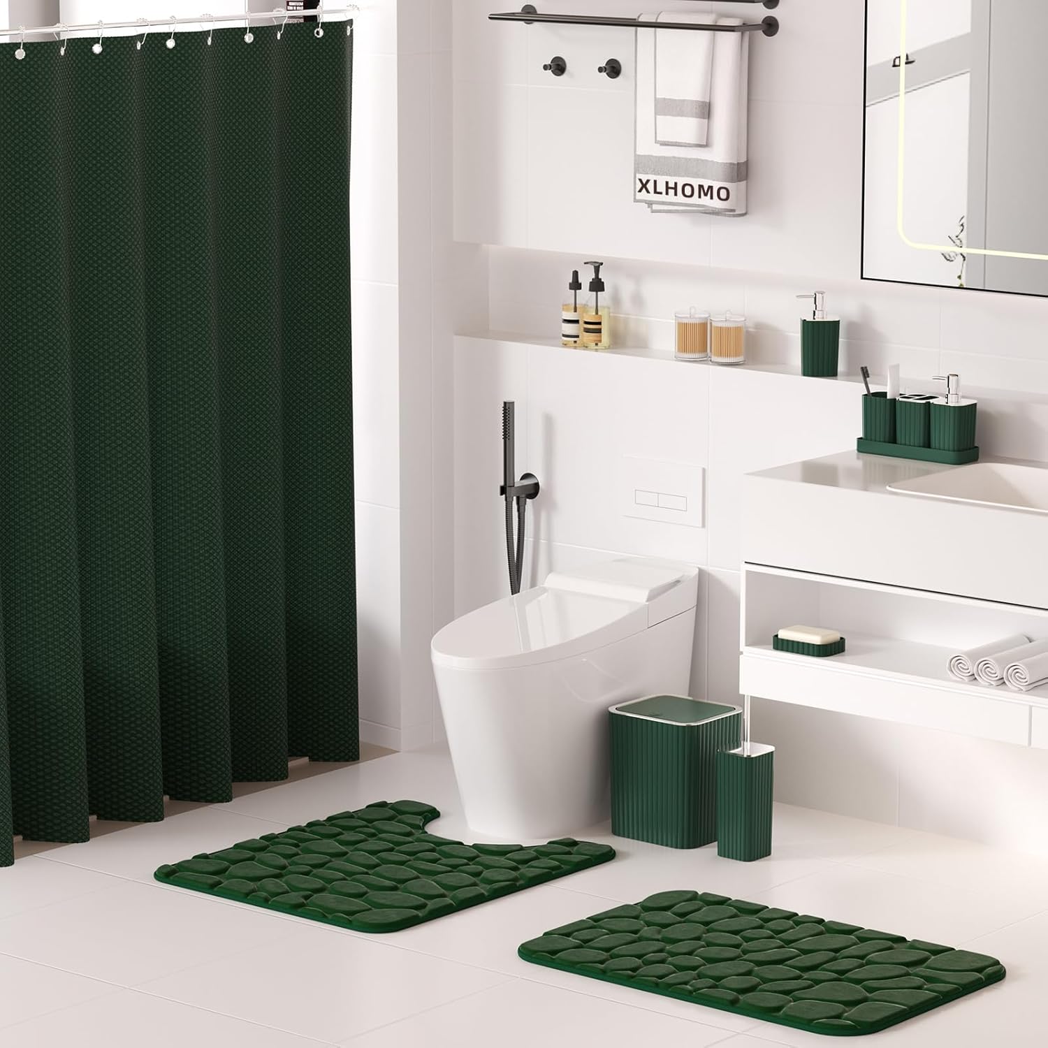 Bathroom Set- 25PC Green Bathroom Sets, Bathroom Set with Shower Curtain and Rugs, Dark Green Shower Curtain Set, Bathroom Accessories Set, Bathroom Trash Can