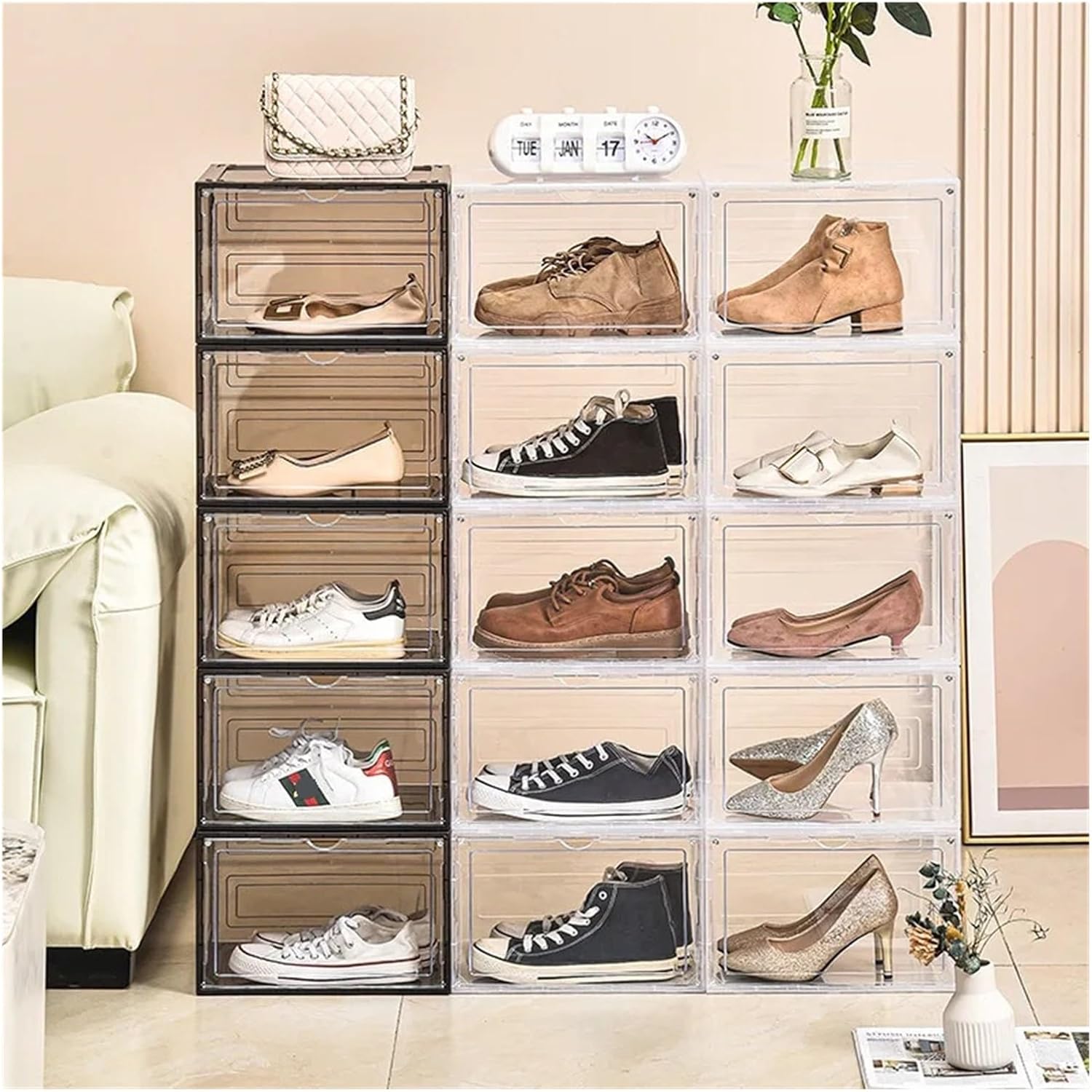 Hard Plastic Transparent Drawer Style Shoe Box, Storage, Space Saving Rack, Cabinet, Open(Clear)