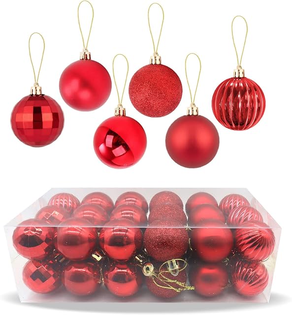 Zueyen 36-Pack Christmas Balls Decoration, Christmas Tree Baubles Hanging Shatterproof Ball, Shiny & Glitter with Hanging Loop for Xmas Tree, Wedding, Party, Holiday(Red)