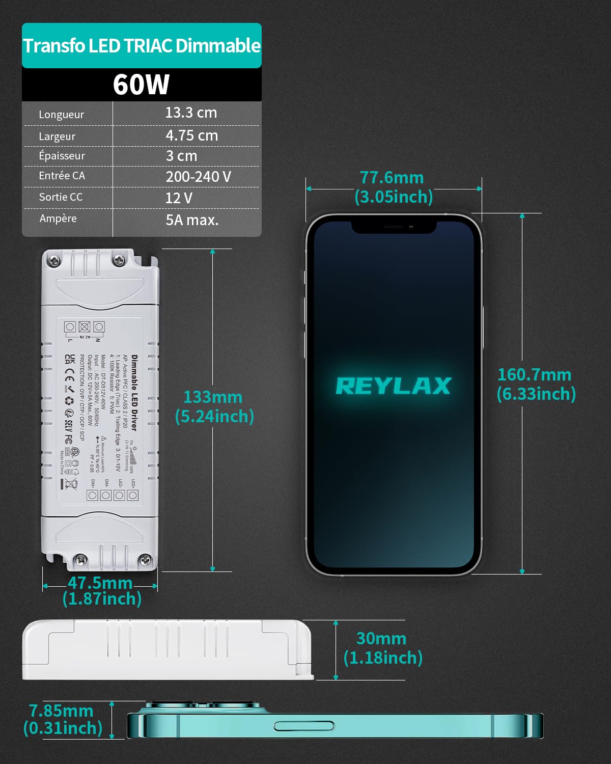 REYLAX Transformateur 220V 12V 60W 5A Dimmable Triac & 0/1-10V, Alimentation de Tension Constante Transformateur LED Basse Tension AC à DC Adaptateur Transfo