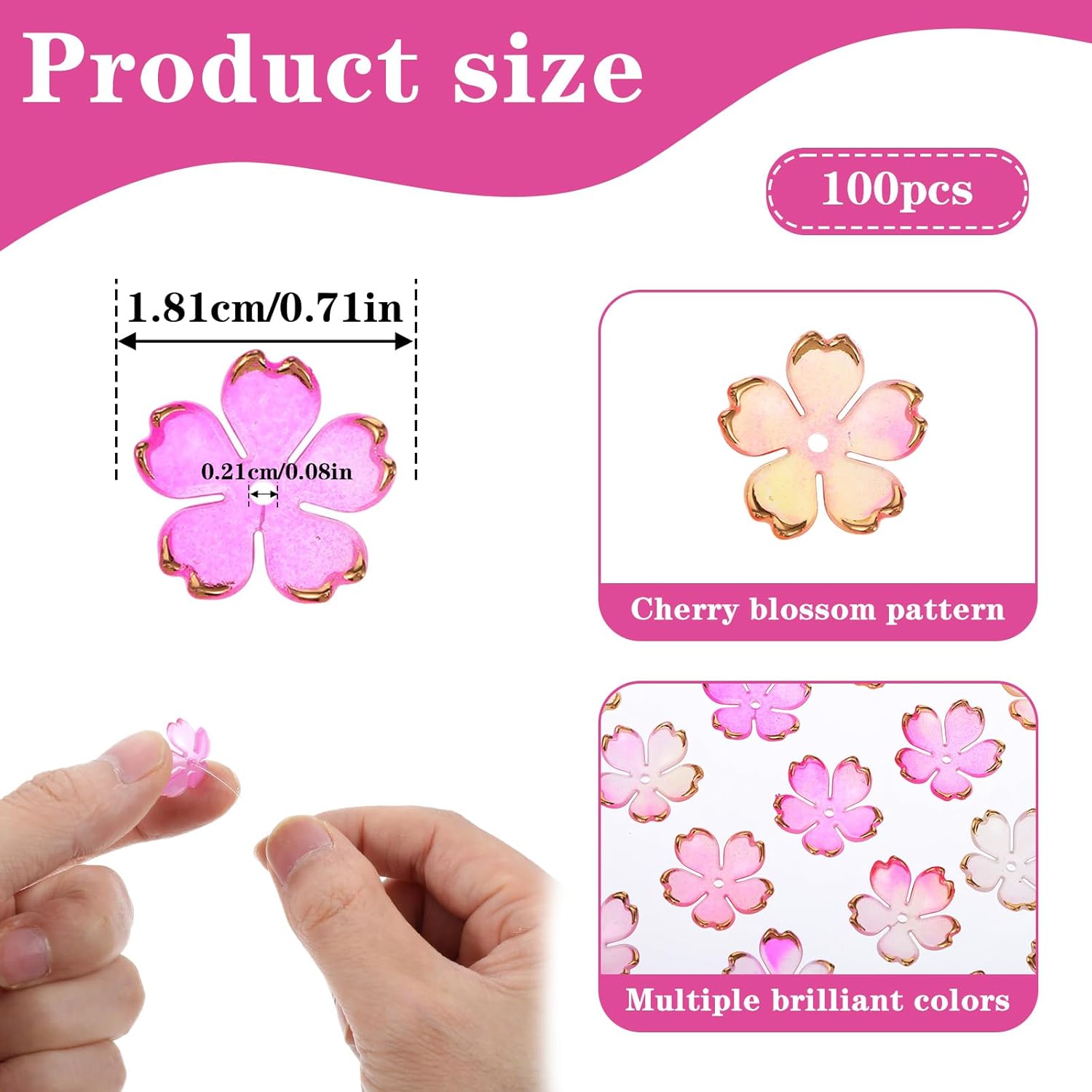 100 Pcs Cherry Blossom Beads, 5-Petal Acrylic Spacer Flower Beads for Jewelry Making, Mini Golden Edge Floral Shaped Bead for Making DIY Craft, Charms, Bracelets, Necklaces, Earrings (Pink Gradient)​ - Image 3