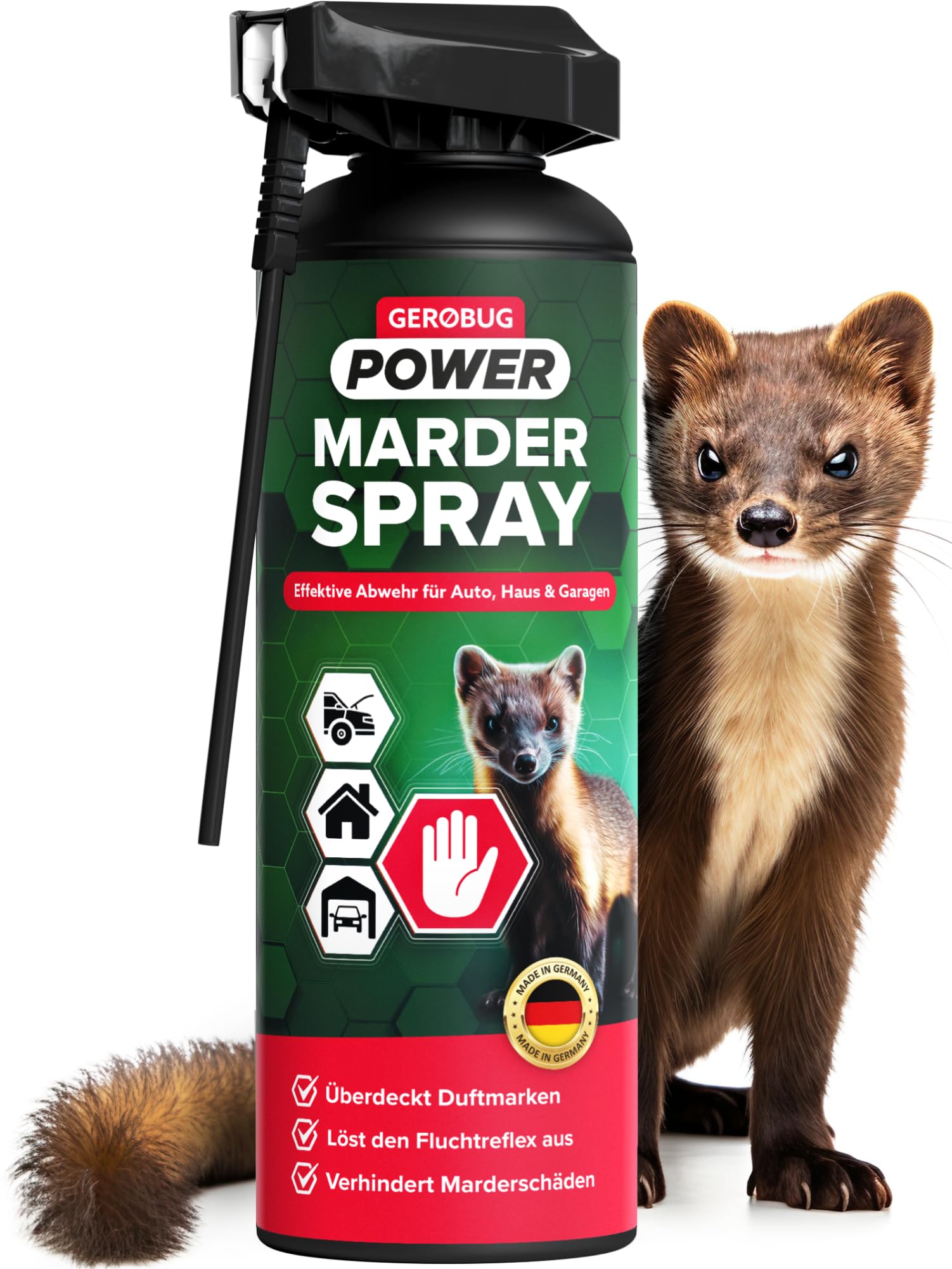 Gerobug Marderspray für Auto, Dachboden, Haus & Garage 400 ml - Marderschreck Dachboden, Marderschutz Auto Motorraum - Langanhaltende Marderabwehr Auto Spray mit verbesserter Formel