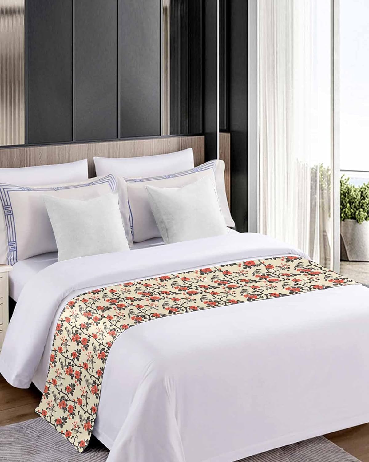 Vintage Blossom Flower Leaves Bed Runners for Bedroom Hotel,Decorative Bedding Scarf Bird on Plant Branch Bed End Blanket Bedding Runner Scarves for Full Size Bed,83x20in