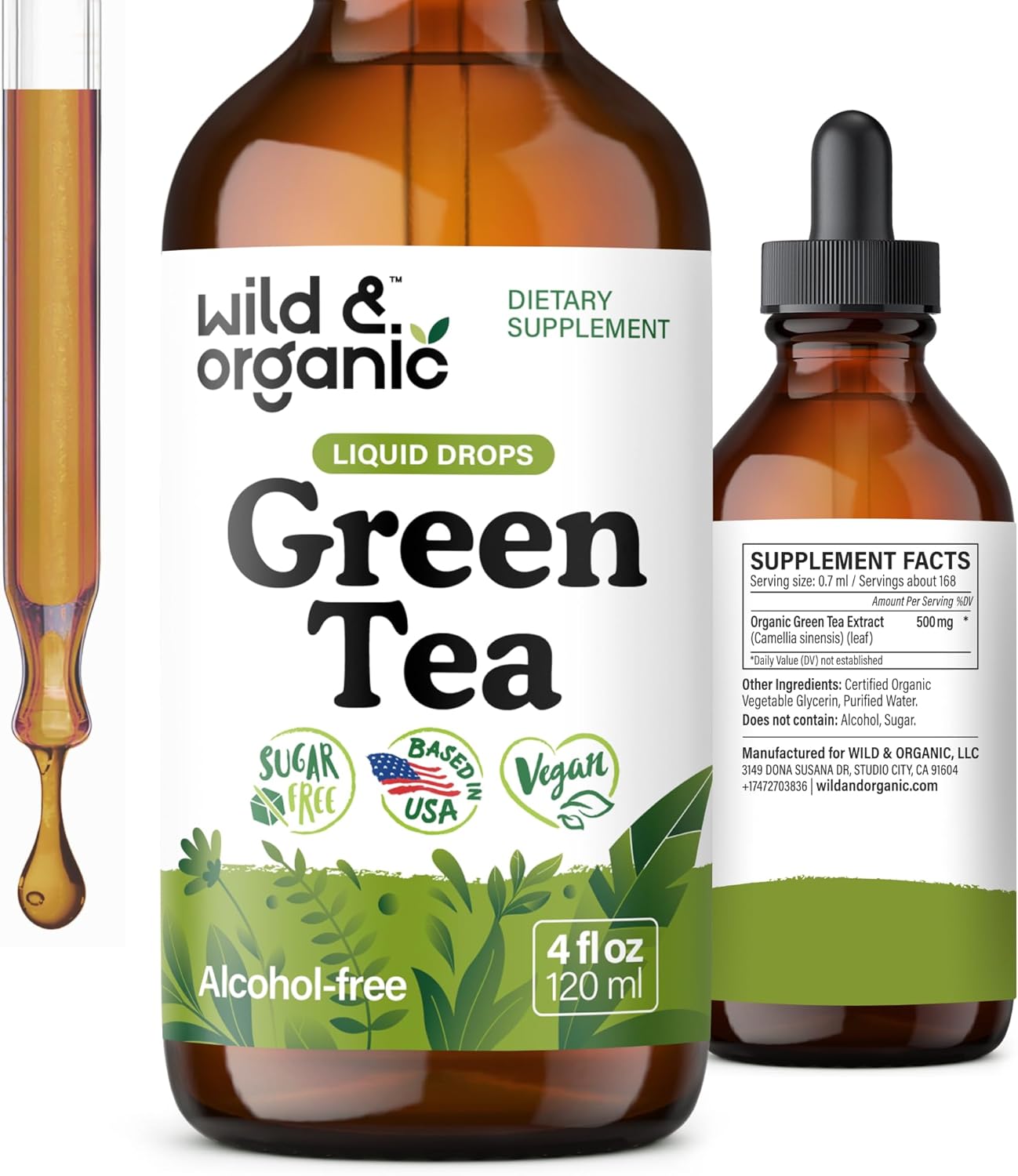 Wild & Organic Green Tea Extract Liquid Drops - Antioxidant Support - Pure Green Tea Supplement - 84-Day Supply - Vegan, Sugar & Alcohol-Free Camellia Sinensis Tincture - 4 fl oz