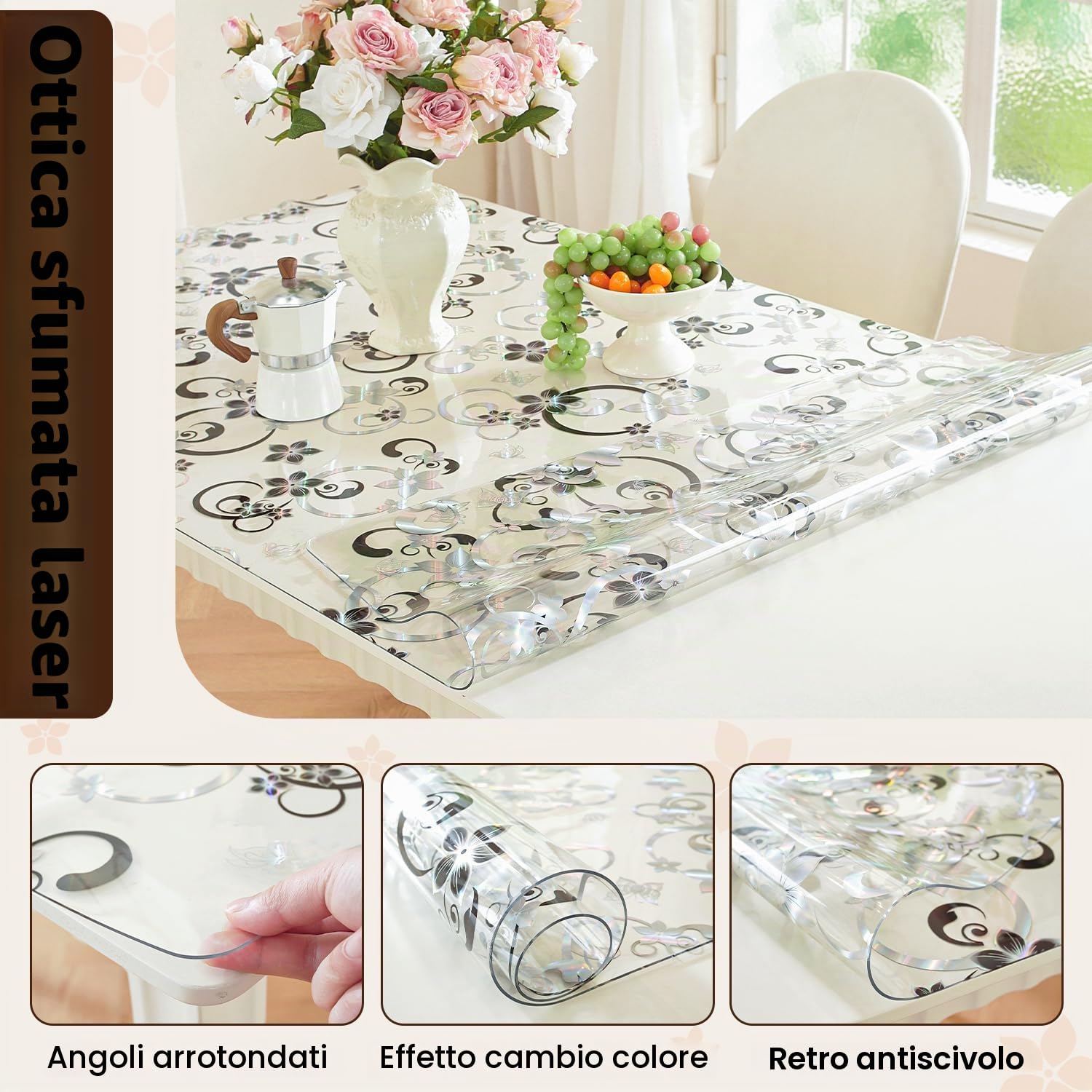 OstepDecor Copritavolo Trasparente PVC a fiori grandi, 90 x 140 cm, 2mm Tovaglia Plastificata Rettangolare con Protezione Antimacchia - Versatile per Tavoli di Cucina e Salotto