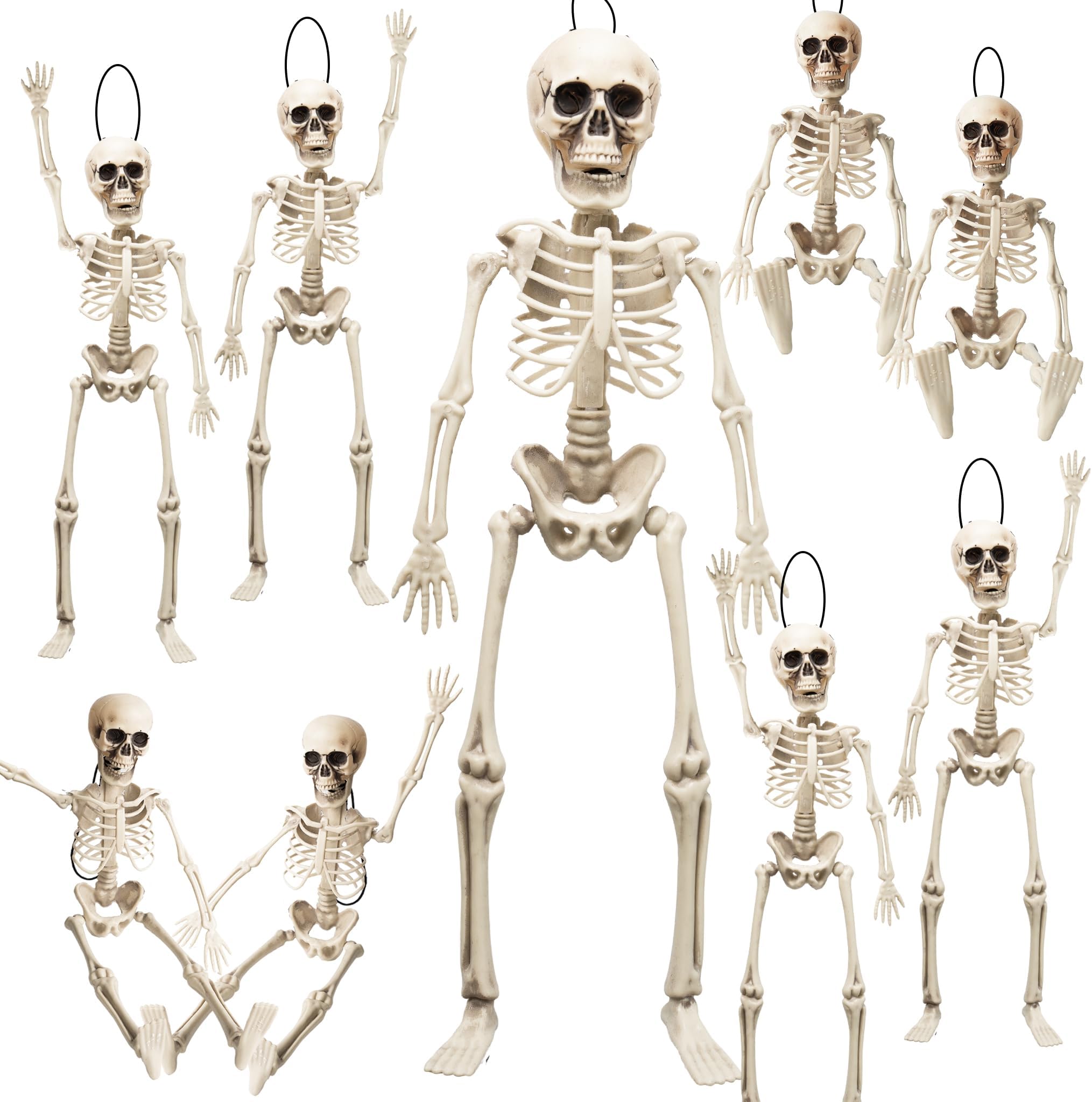 NEROSUN 8 Pcs 16" Pose-able Halloween Skeleton, Full Body Skeleton with Movable Joints, Scary Plastic Skeleton Halloween Skull Decor for Yard Garden Lawn Haunted House Graveyard Props