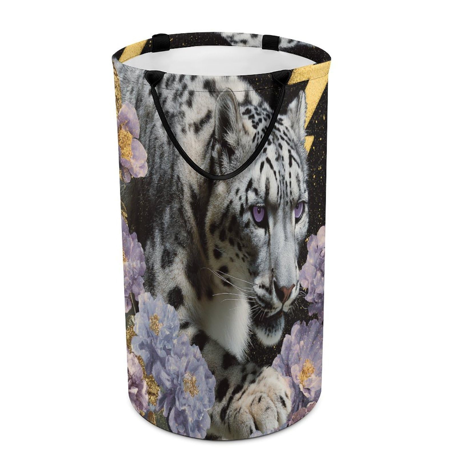 LUYYSKY Fantasy Classic Snow Leopard Collapsible Dirty Clothes Basket, Beautiful Realistic Animal Leopard Purple Lily Floral Portable Clothes Storage Basket
