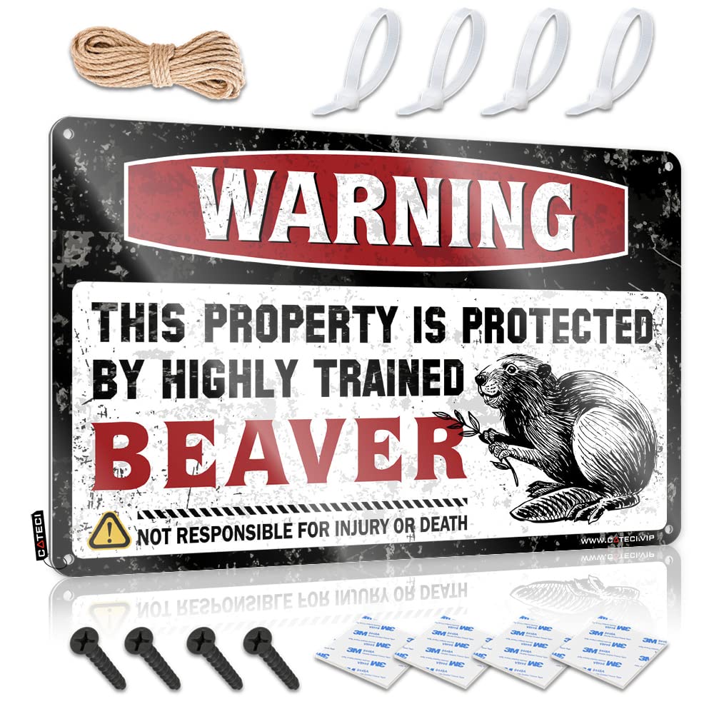 STWNVOITV Vintage Funny Tin Sign Warning This Property Is Protected By A Highly Trained Beaver Tin Sign Funny Signs Billiard Sign Decor(20X30CM)