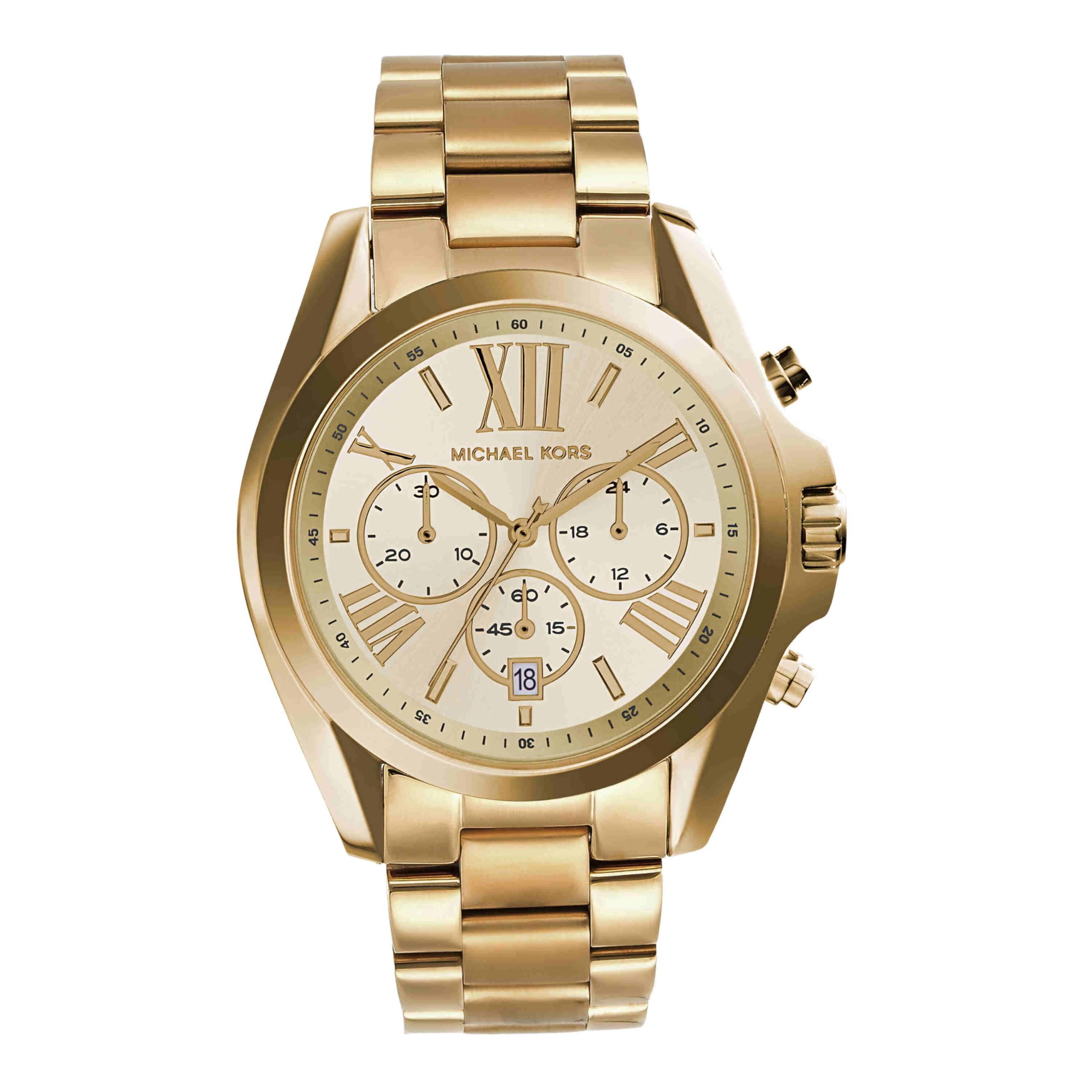 Michael Kors Bradshaw Mk5605 Gold-Tone Chronograph Ladies Watch - 43Mm, Gold Dial, Roman Numerals, Date, 100M Wr