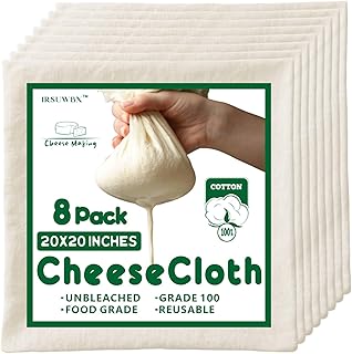 Cheese Cloths 8 Pack - 20x20 Inch Unbleached Organic Cheesecloth for Straining Milk, Juicing, Liquids | Grade 100, 100% Cotton with Overlocked Edges, Reusable Precut Fine Mesh Butter Muslin