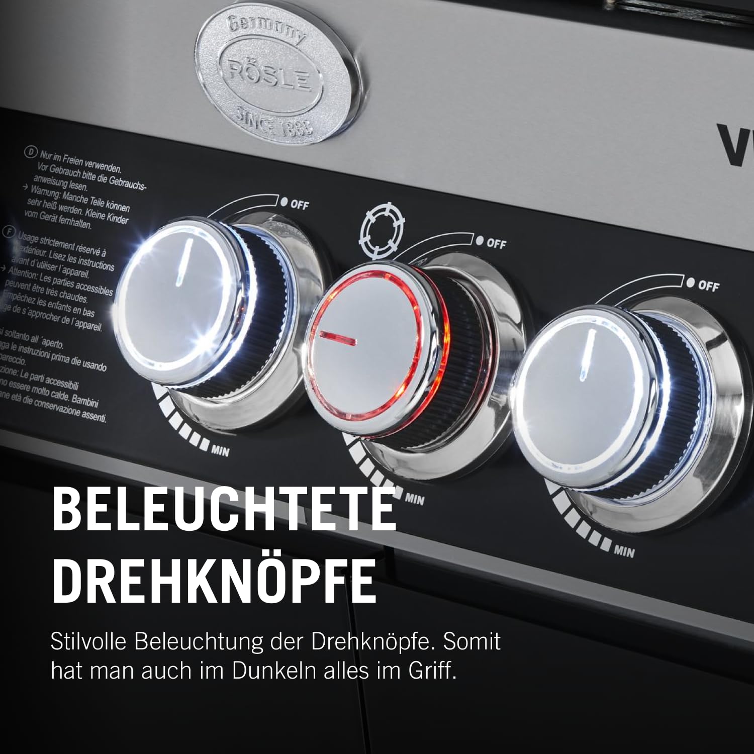 RÖSLE Gasgrill BBQ-Station VIDERO G4-S Schwarz, Grill mit 4 Edelstahlbrennern, extra Primezone und Seitenbrenner, klappbare Seitentische, VARIO+, pulverbeschichteter Stahl