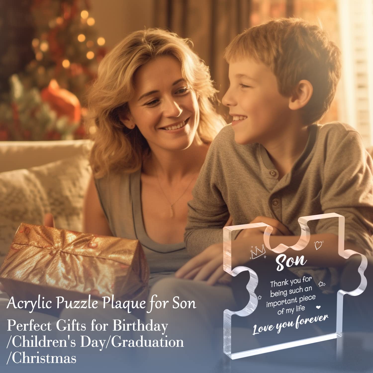 Funnli Gifts for Son from Mom, Fathers Day Graduation Christmas Valentines Day Wedding Easter Gifts for Son Acrylic Puzzle Plaque, Birthday Gifts for Son 3.35 x 2.76 Inch Desk Decorations