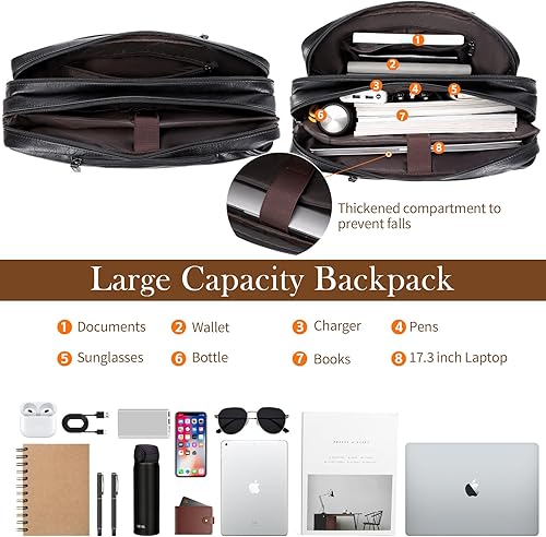 Miniatura 6 de Bolso bandolera de piel sintética para hombre de 17 a 17.3 pulgadas mochila convertible 3 en 1, maletín para computadora portátil, bolso cruzado de