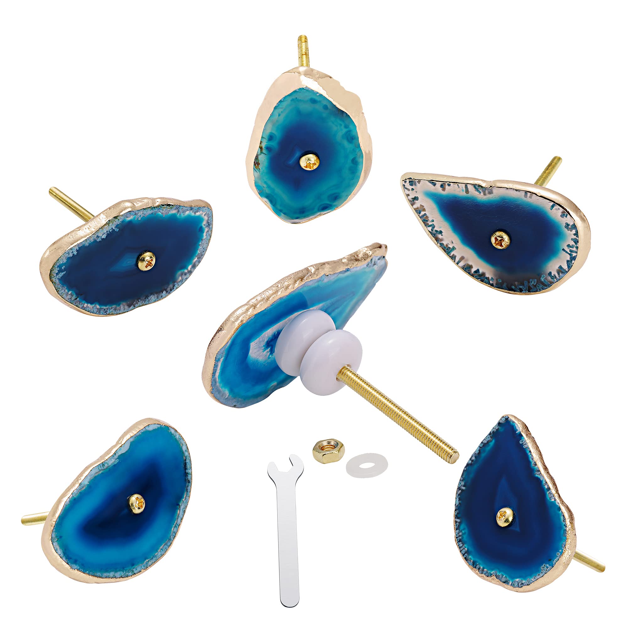Set of 6 Blue Agate Knobs for Dresser Drawers Gold Kitchen Bathroom Cabinet Pulls Unique Vintage Bifold Closet Door Cupboard Handles Furniture Hardware Natural Stone Flat Agate Slices