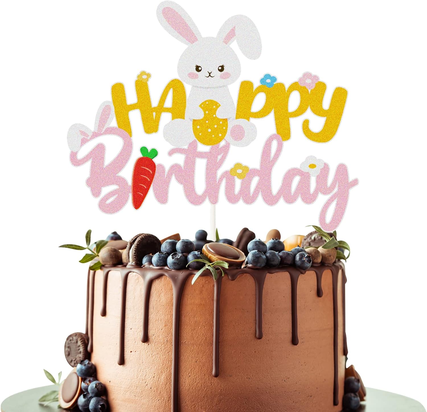 Rabbit Happy Birthday Cake Topper, Bunny With Carrot Cake Sign - Baby Shower Party - View #4