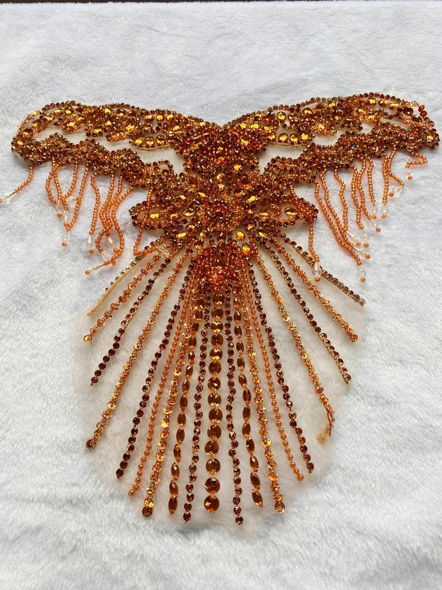 Unique Tassel Decorative Appliques Pure Handsewing Beads Rhinestones Trim Patches Luxurious Design Accessories for The Chest of Clothes Dress (Champagne)