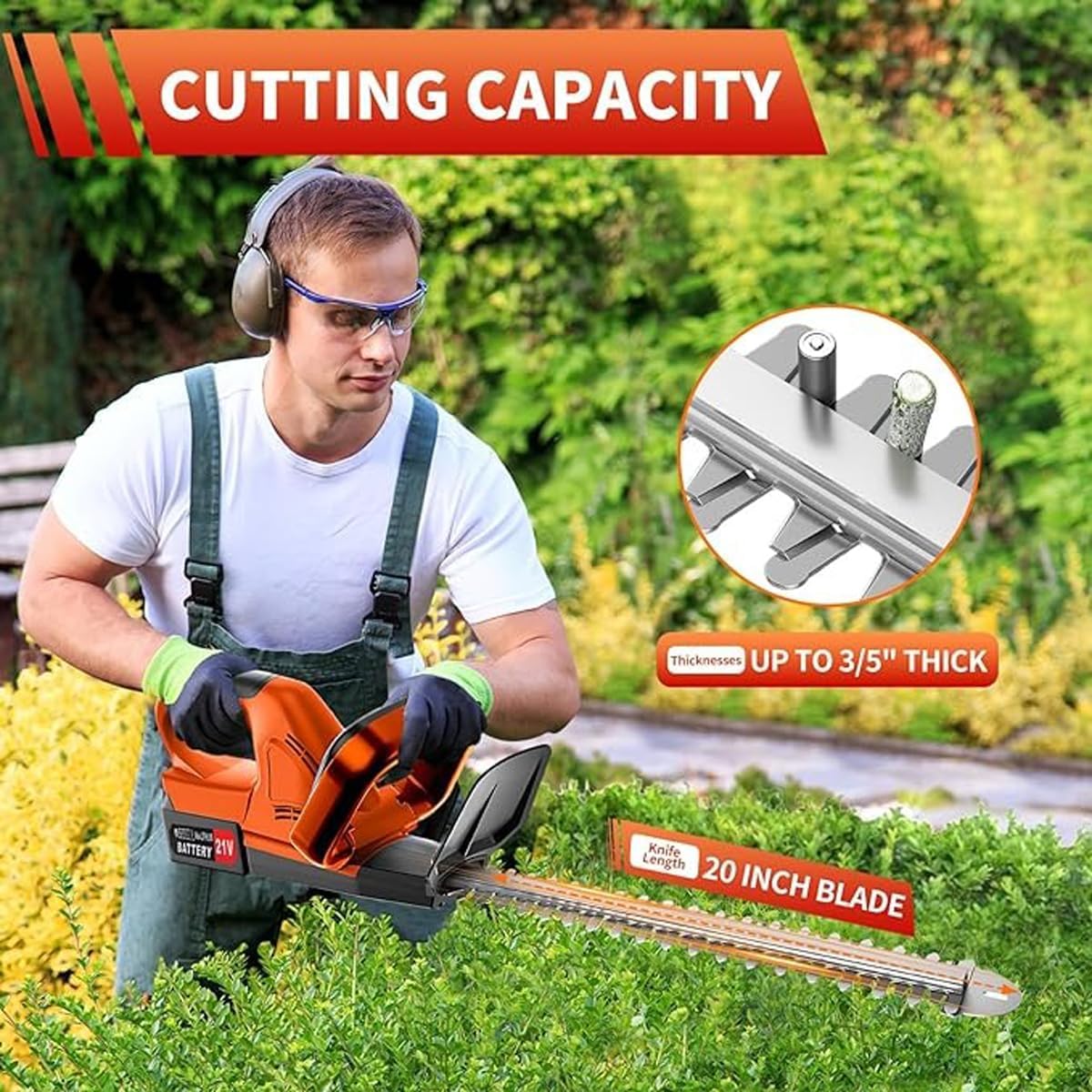Hedge Trimmer 21V Battery Electric, Handheld, Cordless, w/ 20'' Dual-Action Blade & 3/5", Battery and Charger Included