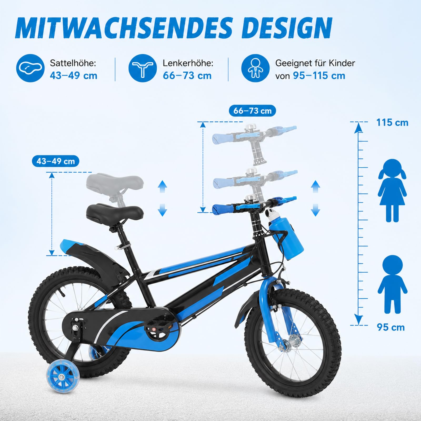 ACROSSPART 14-Zoll-Kinderfahrrad, Jungen und Mädchen Fahrrad Kinder mit Stützräder und Wasserflasche, Kinderfahrrad ab 3 Jahre mit Duales Bremssystem, HöHenverstellbar, Robust und Stabil Sport & Freizeit