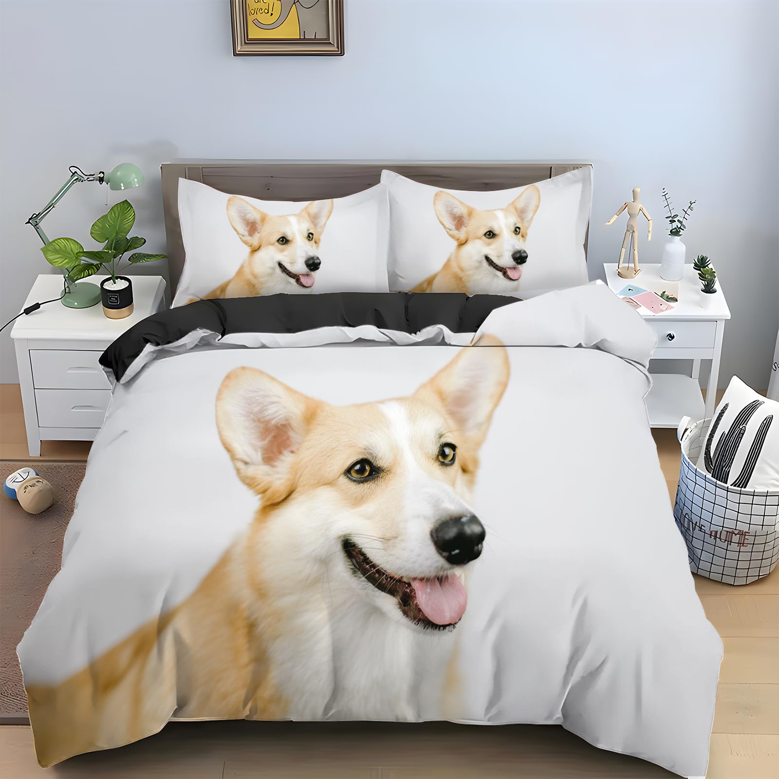 Housse de couette 240 x 260 Corgi blanc parure de lit 2 personnes avec zip