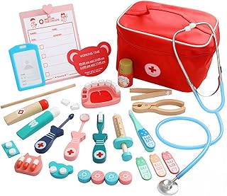 RDTOK Children's Wooden Doctor's Case, 21-Piece Doctor's Case with Real Stethoscope Thermometer, Syringe, Doctor's Case, Gift for Role Play, Toy from 3 Years
