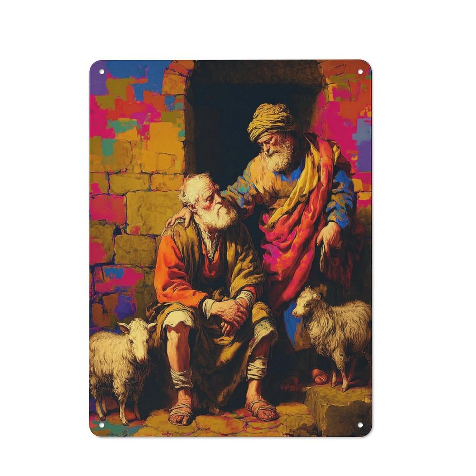 Junmoney Two Shepherds In A Colorful Grotto Metal Wall Plaque With Design 40X30cm, Retro Small Space Decor For Flat, Dorm Room, Lounge Or Cafe