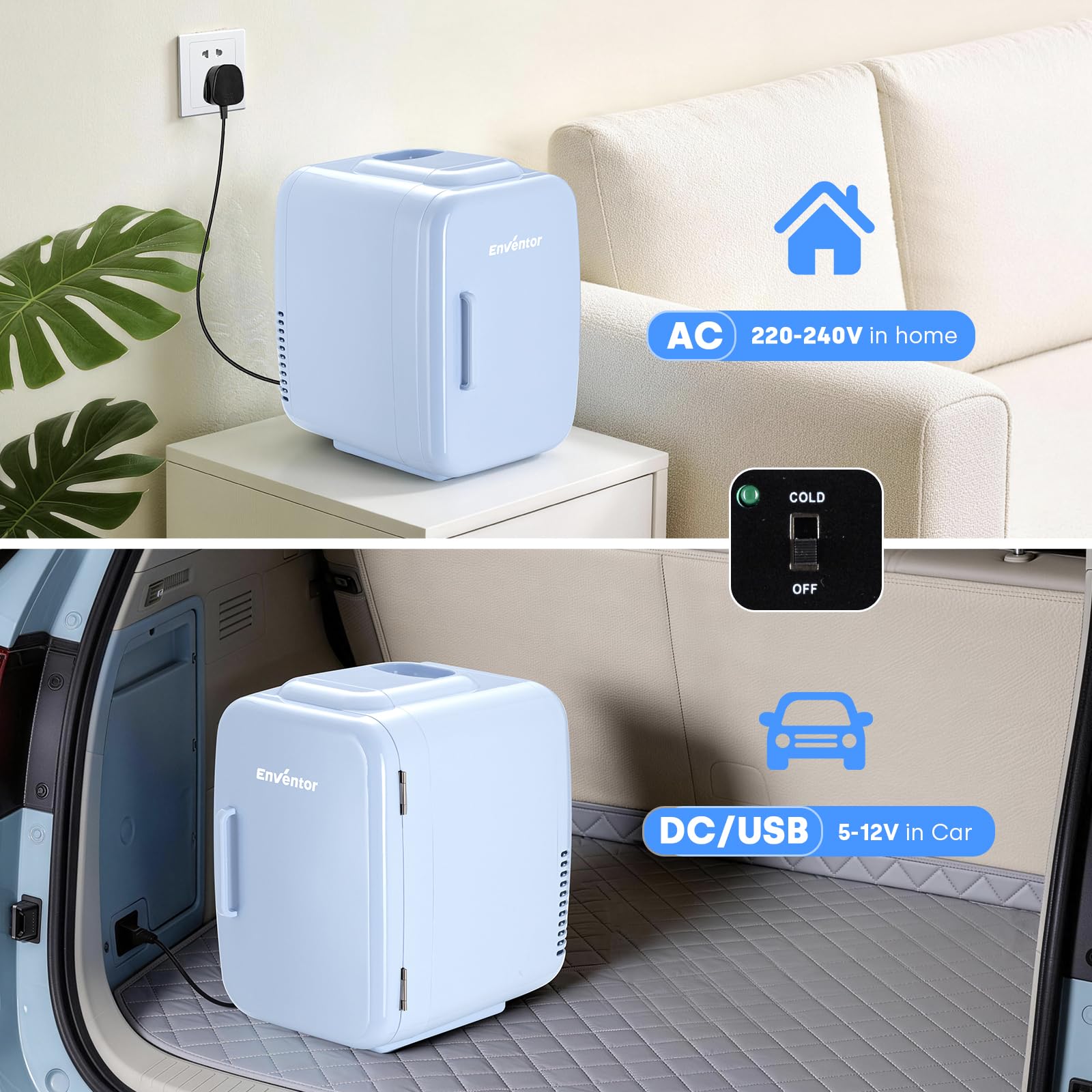 Enventor Nevera Pequeña Portátil 4L, 12V / 220V, Azul
