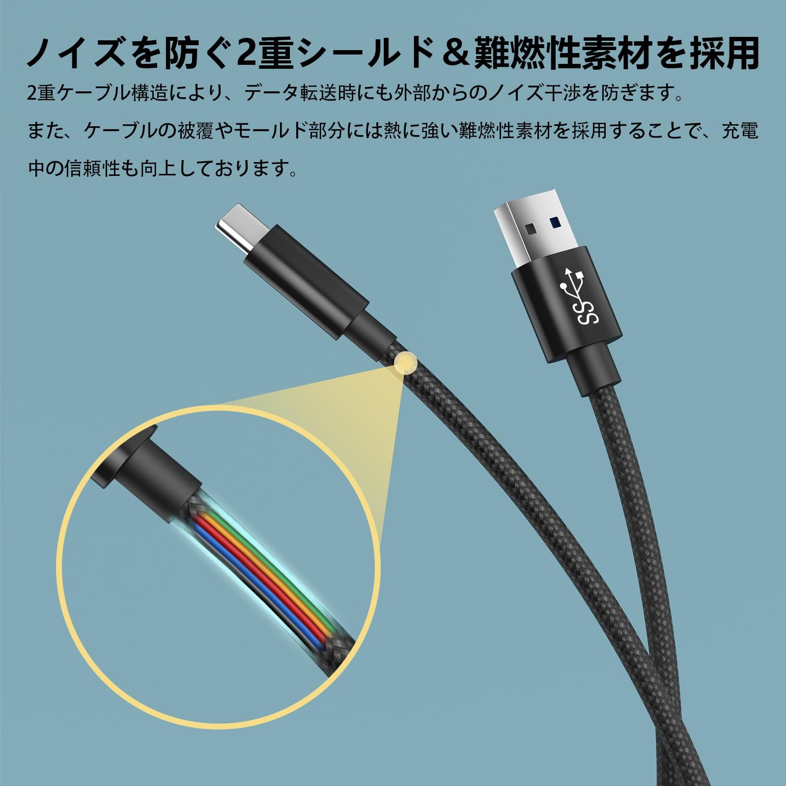 USB Type C ケーブル 1M USB データ転送 USB Type Cケーブル 1M 3A 急速充電ケーブル データ転送 10mm