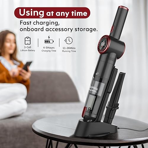 Miniatura 4 de Nicebay Aspiradora de mano inalámbrica, aspiradora de mano portátil de succión fuerte de 15 KPA, aspiradora de coche con pantalla LED, base de carga