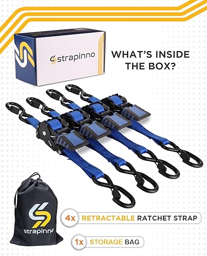 Miniatura 3 de Strapinno Paquete de 4 correas de trinquete retráctiles automáticas (1 pulgada x 6 pies), 1500 libras de resistencia a la rotura cada una, correas