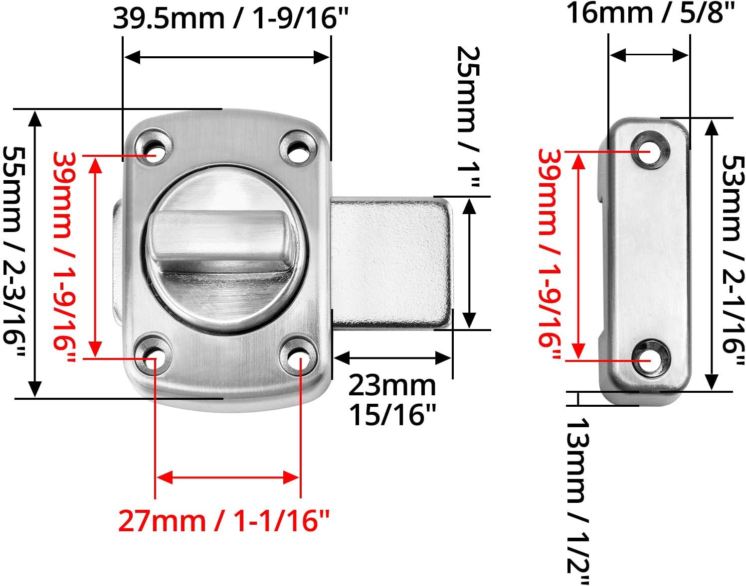QWORK® Rotate Bolt Latch Lock Stainless Steel Gate Bathroom Door Lock, Applicable to Various Doors, Silver 7