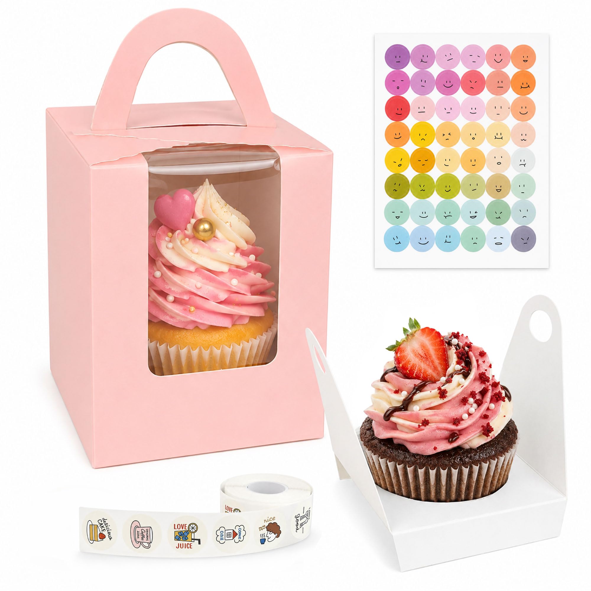 50 Pack Individual Cupcake Boxes with Window, Food Grade Bakery Boxes Pink