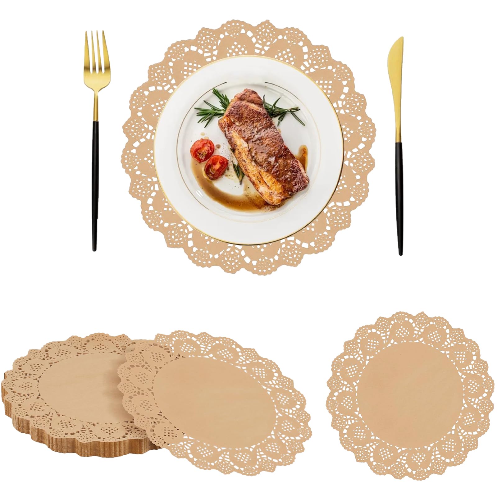 Photo 1 of 100 Pack Round Paper Place Mats, 13.5 Inches Brown Kraft Paper Doilies, Disposable Placemats Table Pads for Wedding Birthday Dinner Party Decor